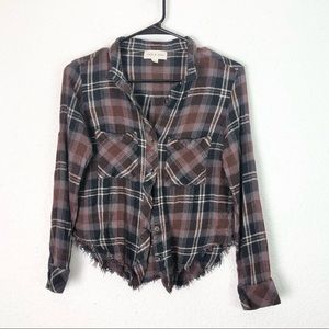 Cloth & Stone Button Down Shirt Flannel Rayon Wool Frayed Hem Fall Colors S